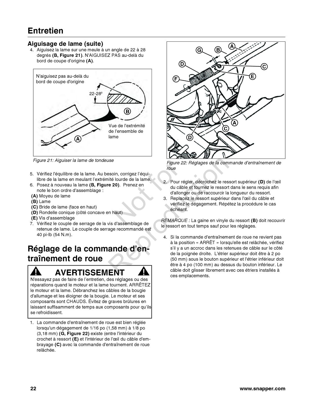 Snapper 7800849 manual Réglage de la commande d’, Traînement de roue, Aiguisage de lame suite 