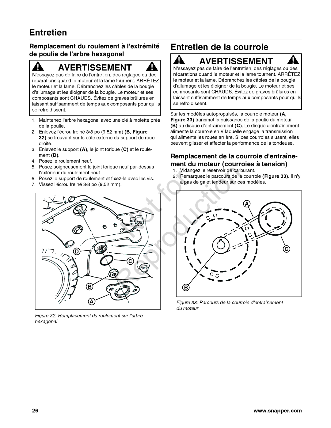 Snapper 7800849 manual Not Rep Roduction, Entretien de la courroie 