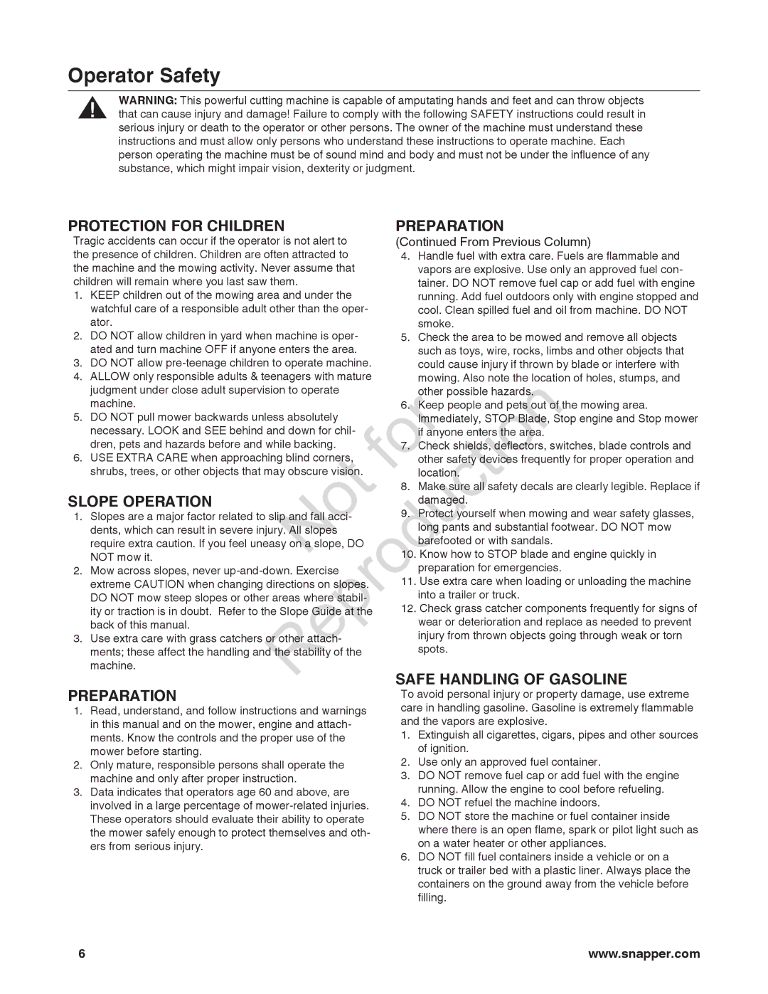 Snapper 7800849 manual Safe Handling of Gasoline 