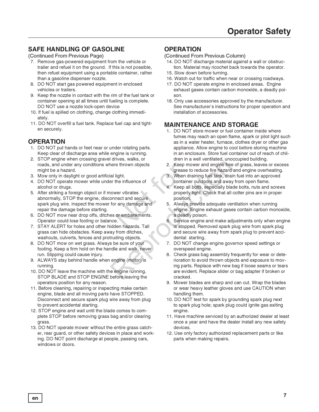 Snapper 7800849 manual Safe Handling of Gasoline Operation 