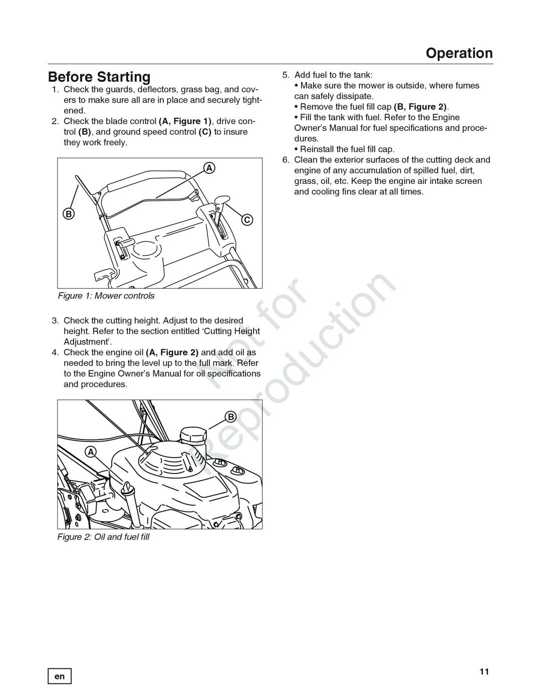 Snapper 7800849 manual Before Starting, Operation, Mower controls, Oil and fuel fill, Re production 