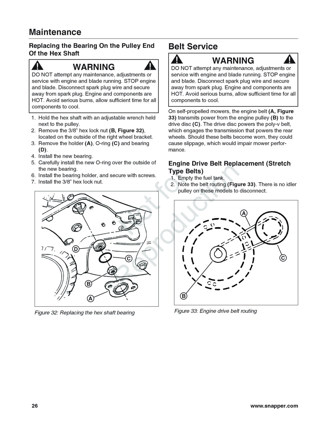 Snapper 7800849 manual Belt Service, Replacing the Bearing On the Pulley End, Of the Hex Shaft, Type Belts, Maintenance 