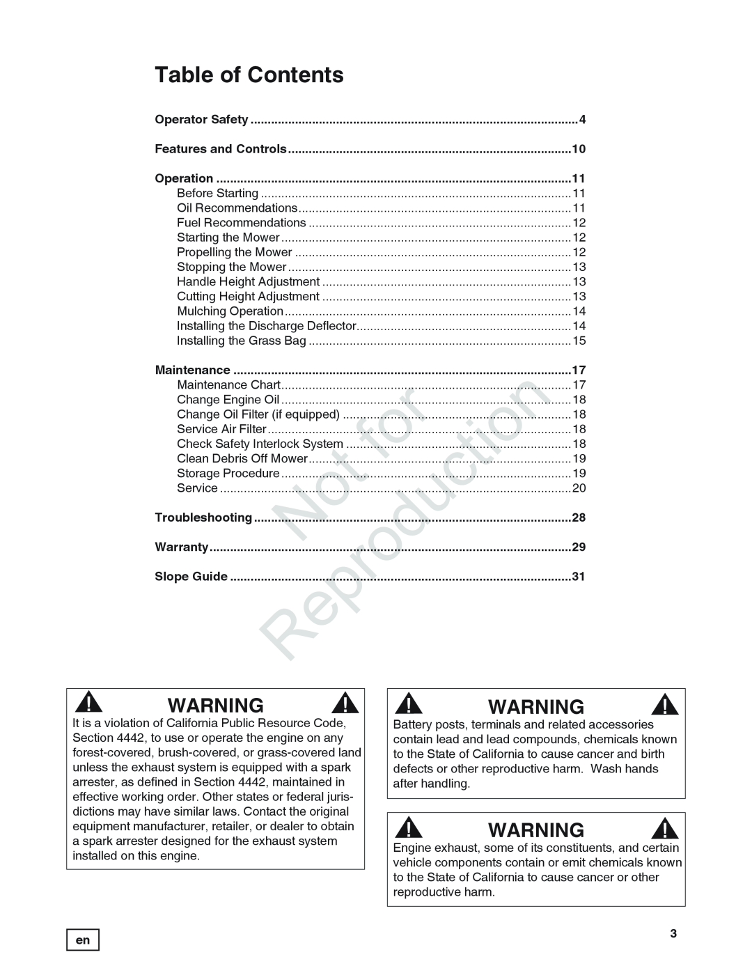 Snapper 7800849 manual Table of Contents, Reproduction 