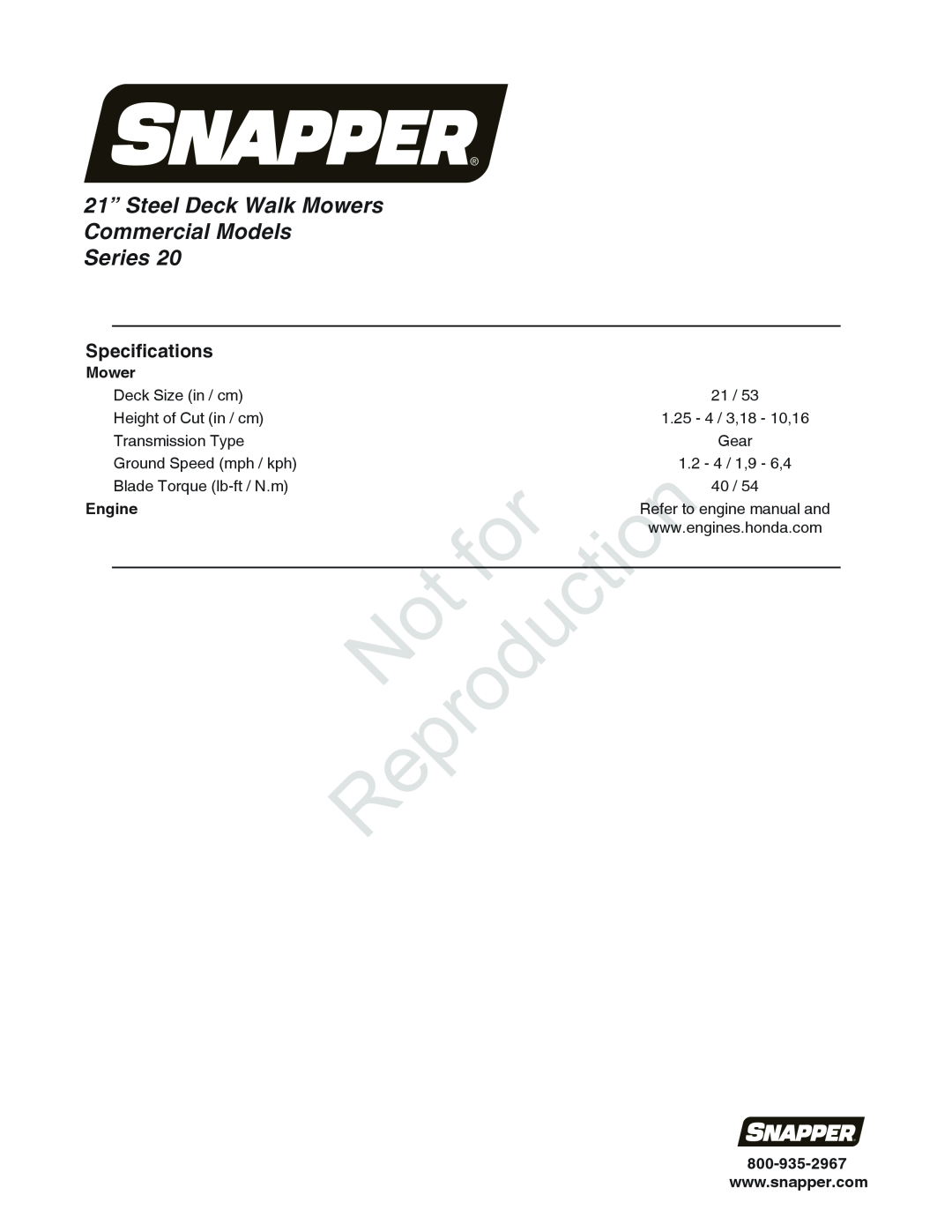 Snapper 7800849 manual 21” Steel Deck Walk Mowers Commercial Models Series, Specifications, Reproduction 