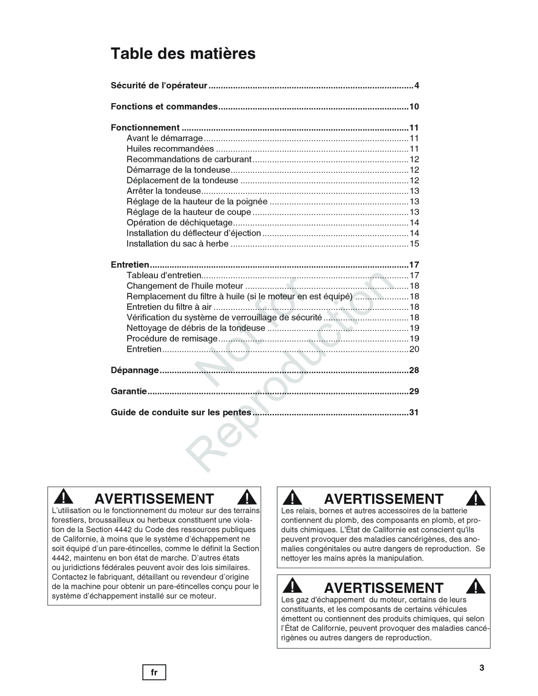 Snapper 7800849 manual Table des matières, Avertissement, Sécurité de lopérateur, Fonctions et commandes, Entretien 