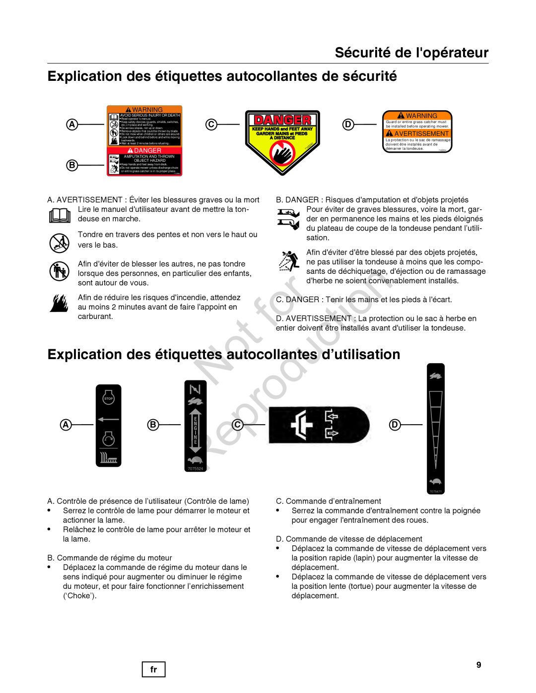 Snapper 7800849 manual Explication des étiquettes aut collantes d’utilisation, Sécurité de lopérateur 