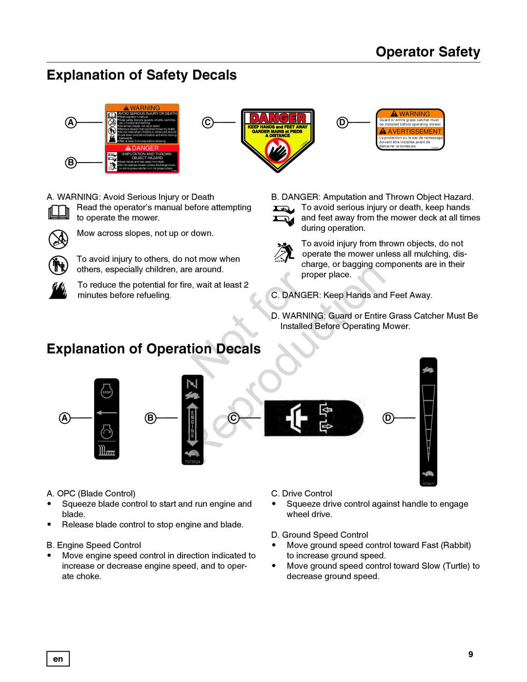 Snapper 7800849 manual Explanation of Operation Decals, Reproduction 