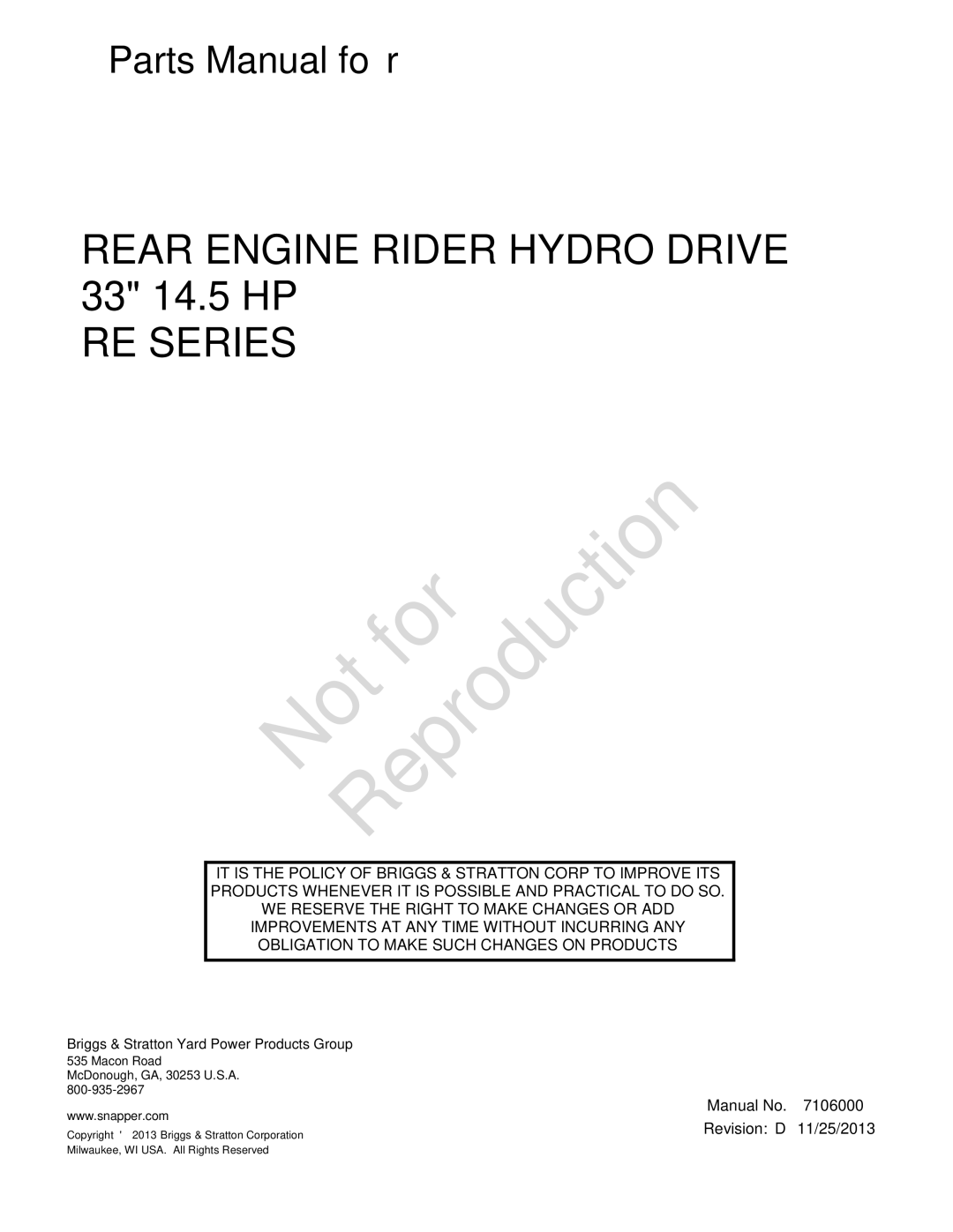 Snapper 7800921-00 manual Macon Road McDonough, GA, 30253 U.S.A 