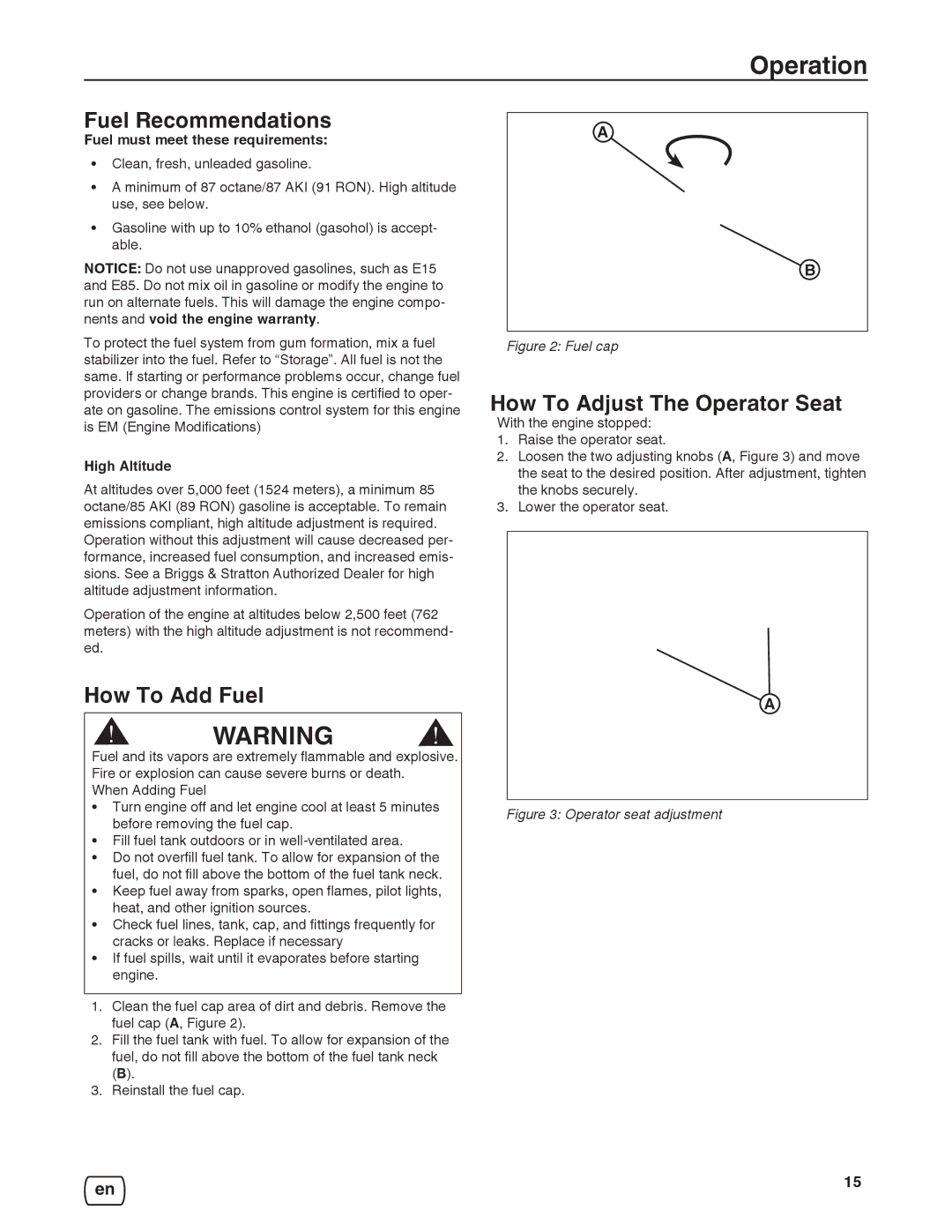 Snapper 7800932-00, 7800920-00, 7800918-00 manual Fuel Recommendations, How To Adjust The Operator Seat, How To Add Fuel 