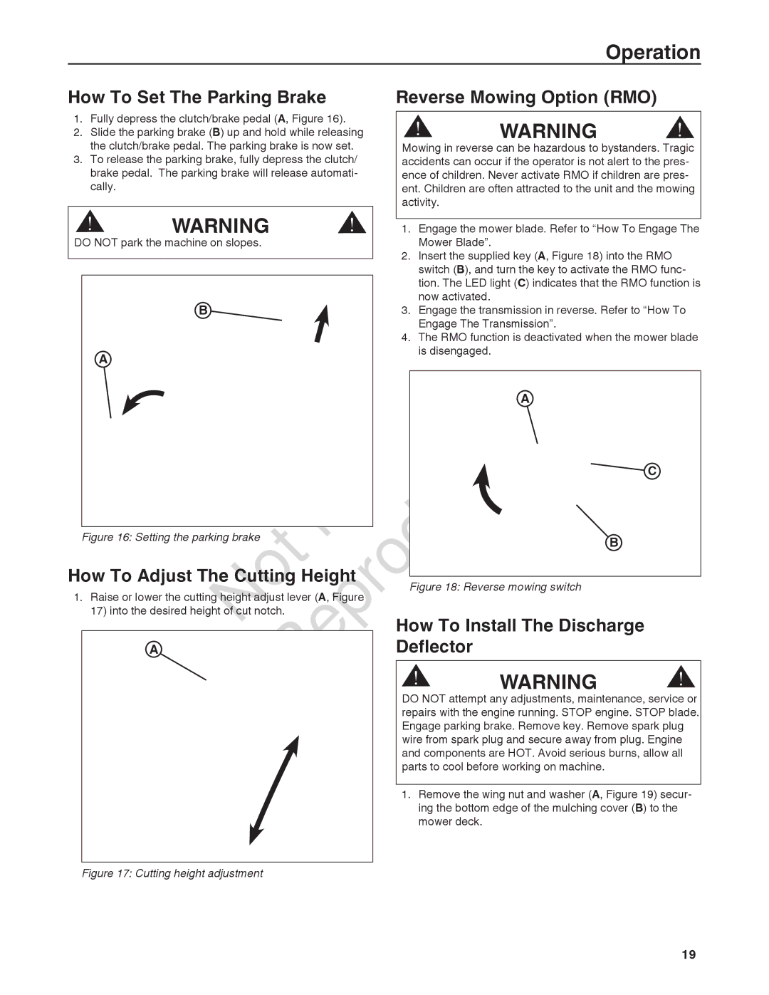 Snapper 7800920-00, 7800932-00, 7800918-00 manual How To Set The Parking Brake Reverse Mowing Option RMO, Deflector 