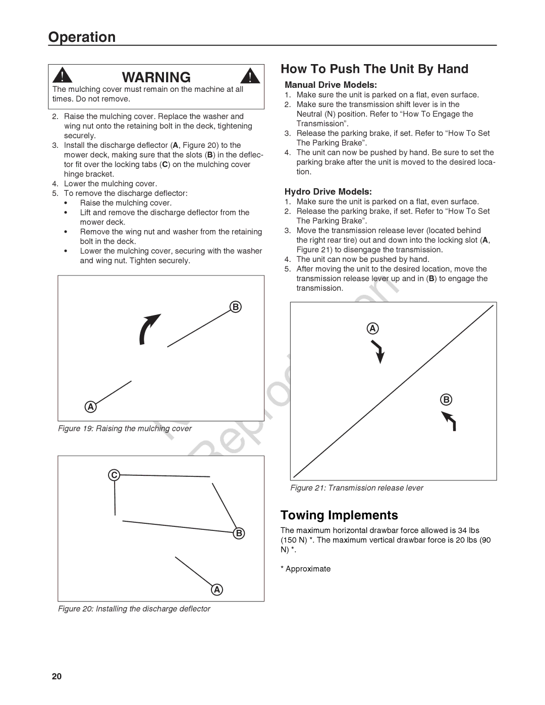 Snapper 7800918-00, 7800932-00, 7800920-00 manual Repr Oduction, How To Push The Unit By Hand, Towing Implements 