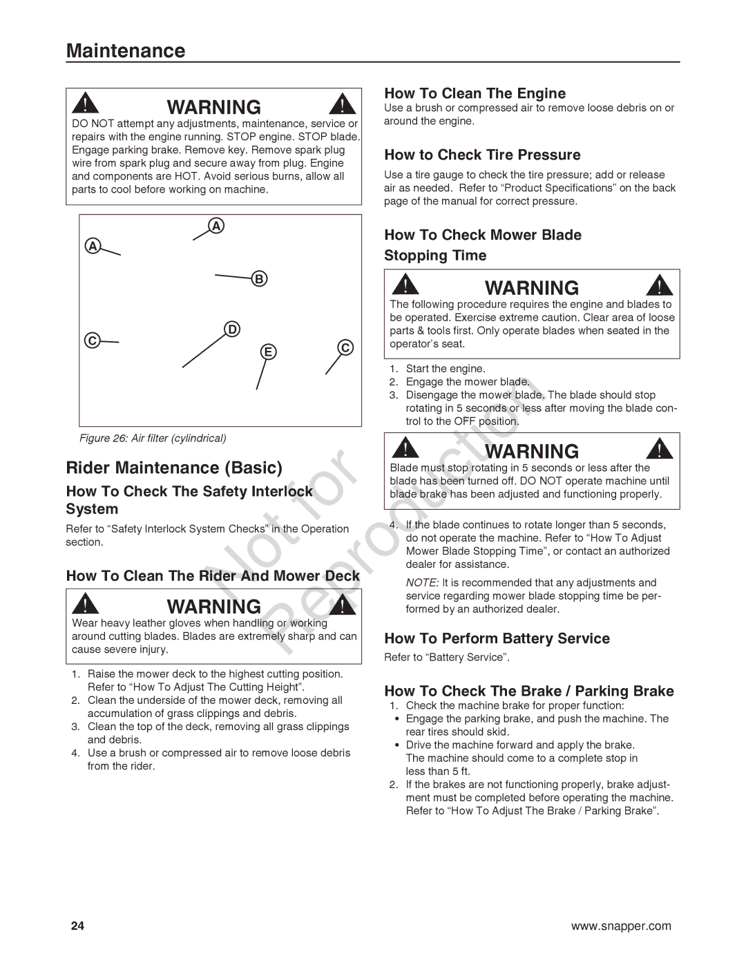 Snapper 7800932-00, 7800920-00, 7800918-00 manual Rider Maintenance Basic 