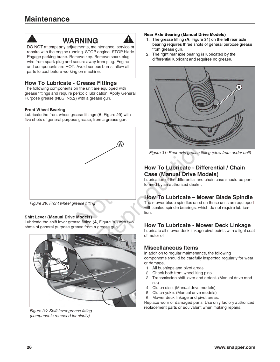 Snapper 7800918-00 manual How To Lubricate Grease Fittings, How To Lubricate Differential / Chain, Case Manual Drive Models 