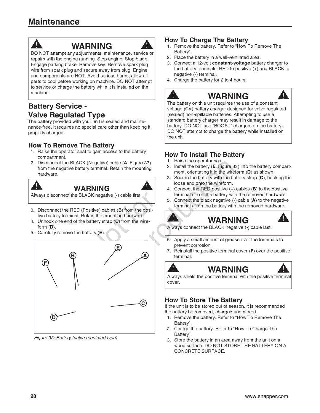 Snapper 7800920-00, 7800932-00, 7800918-00 manual Battery Service Valve Regulated Type, Battery valve regulated type 