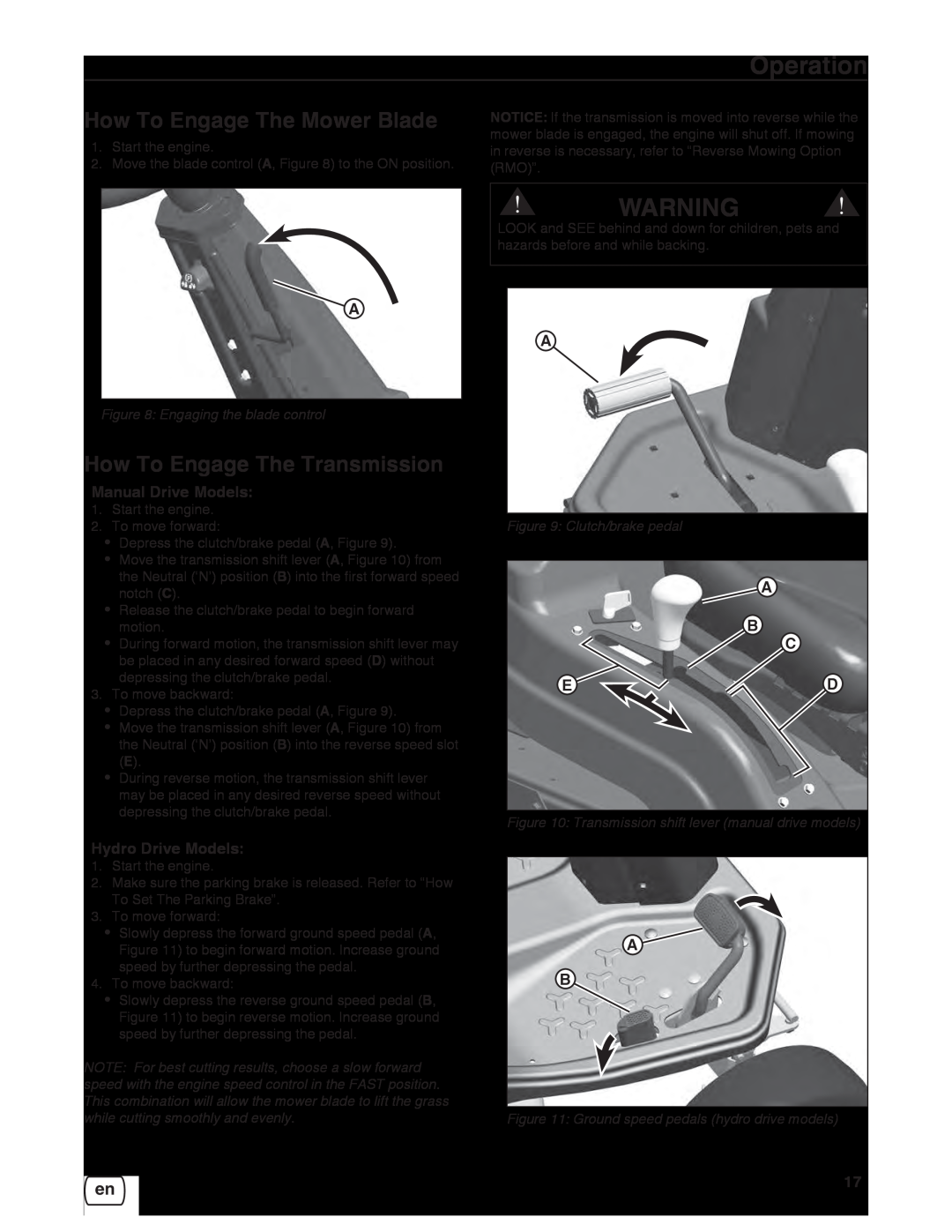 Snapper 7800918-00 manual Reproduction, forward, How To Engage The Mower Blade, How To Engage The Transmission, Operation 