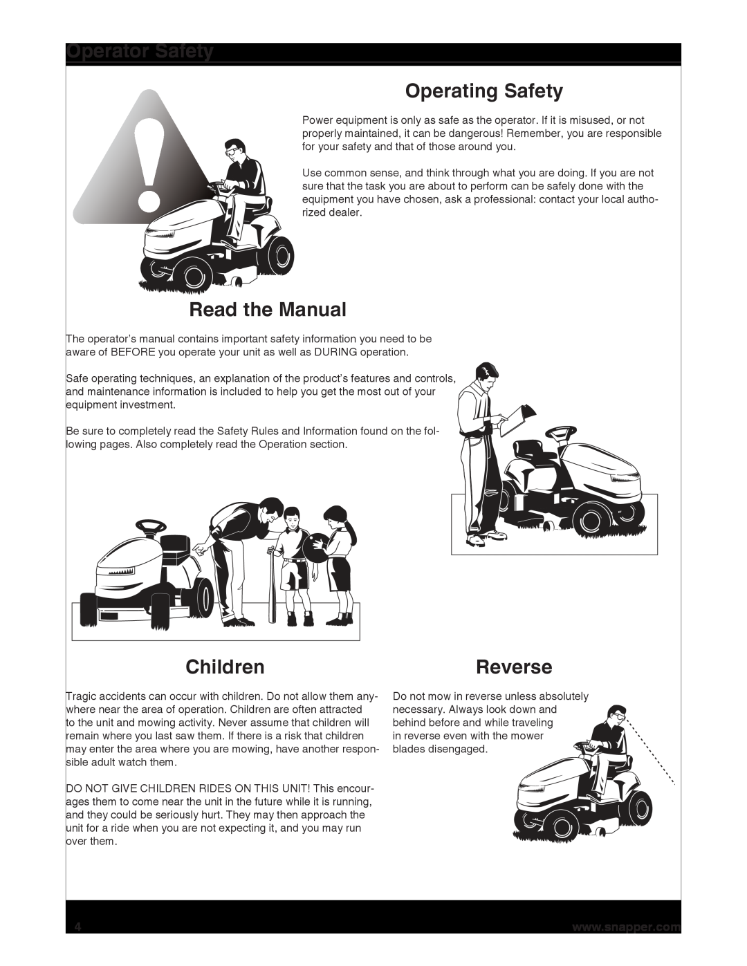 Snapper 7800920-00, 7800932-00 manual Operator Safety Operating Safety, Read the Manual, ChildrenC il renReproductioReversen 