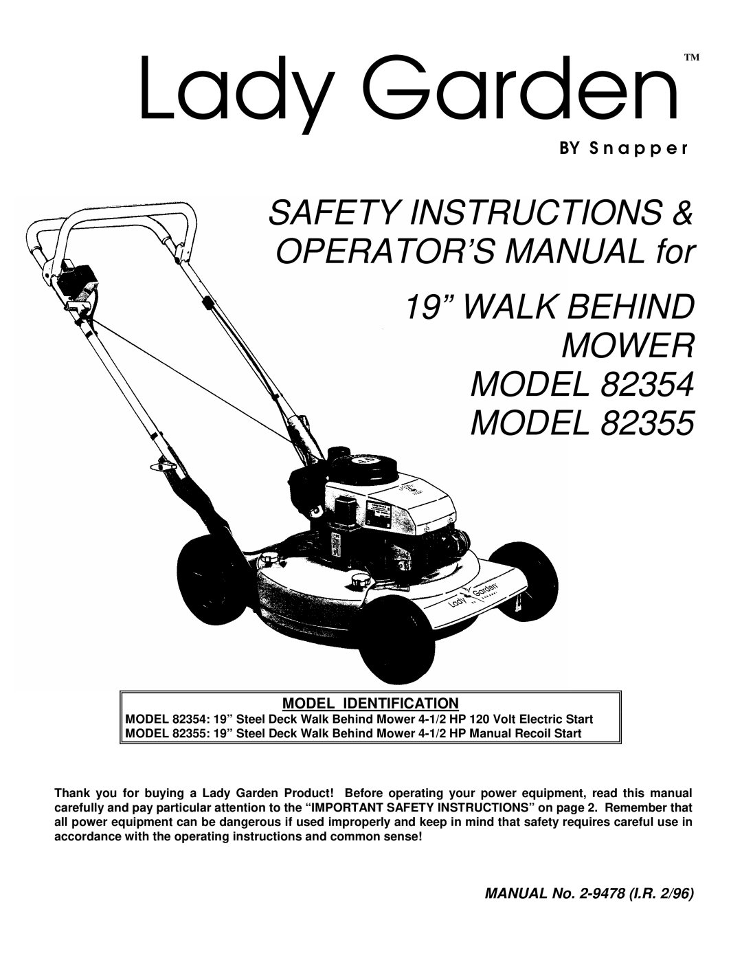 Snapper 82354, 82355 important safety instructions Lady GardenTM, Model Identification 