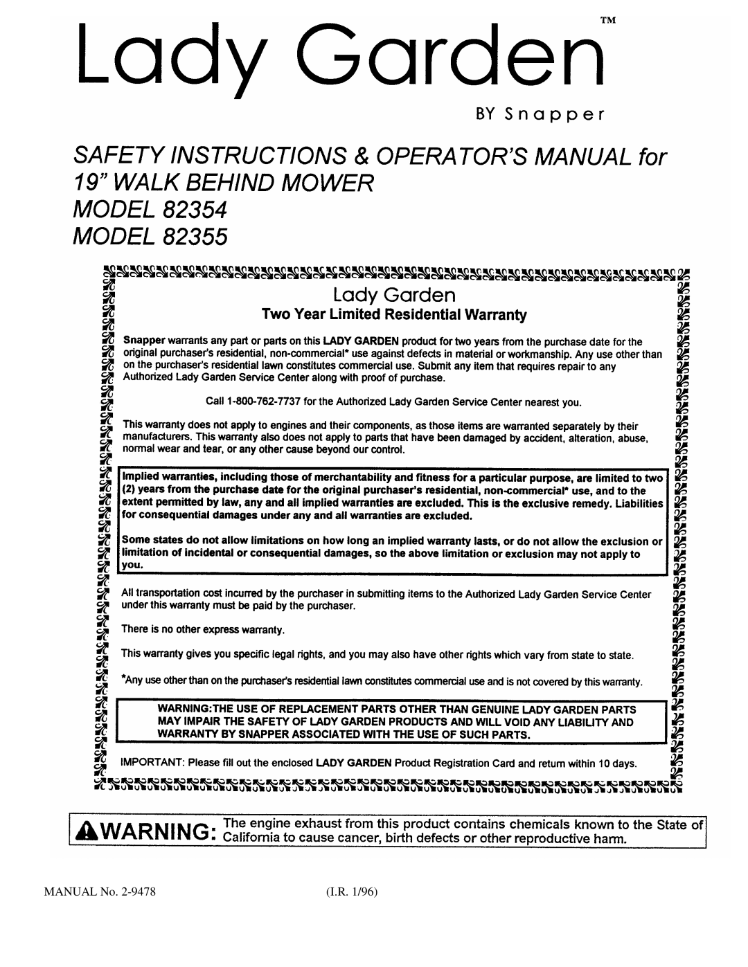 Snapper 82354, 82355 important safety instructions Manual No 