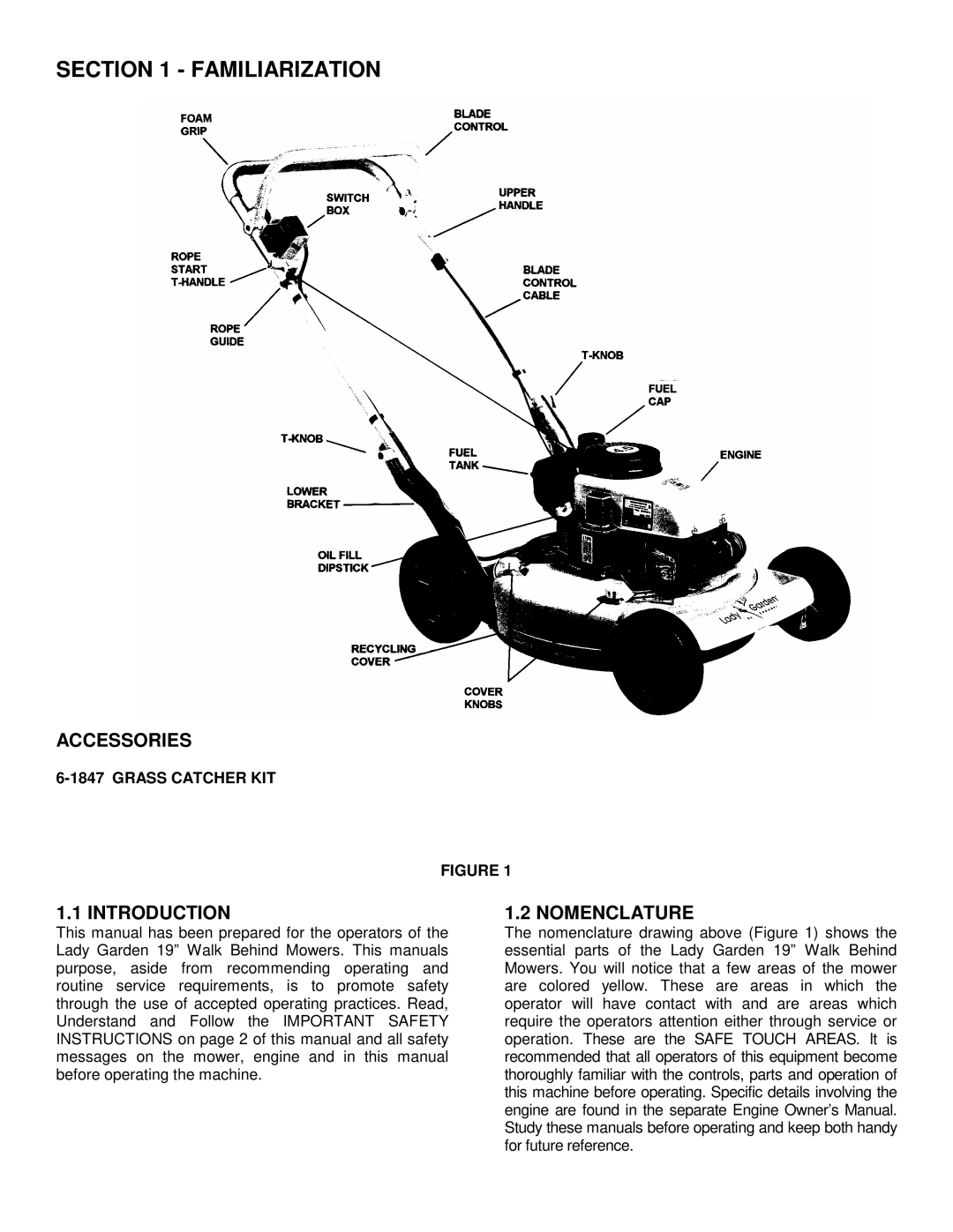 Snapper 82354, 82355 Familiarization, Accessories, Introduction, Nomenclature, Grass Catcher KIT 