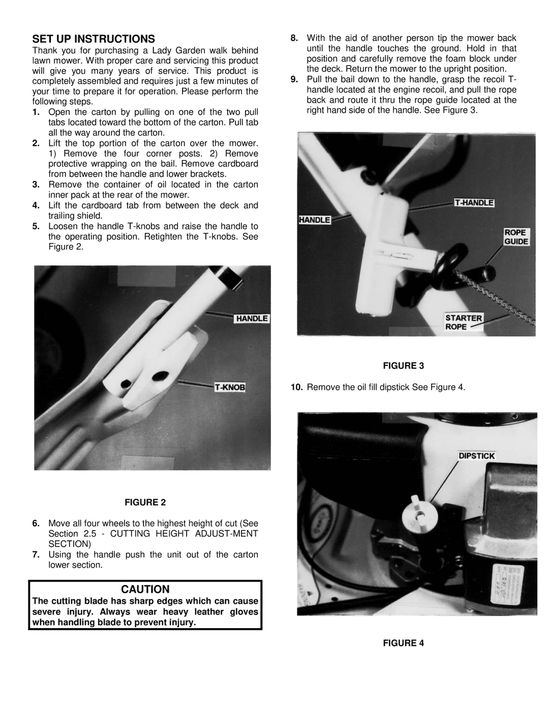 Snapper 82354, 82355 important safety instructions SET UP Instructions 