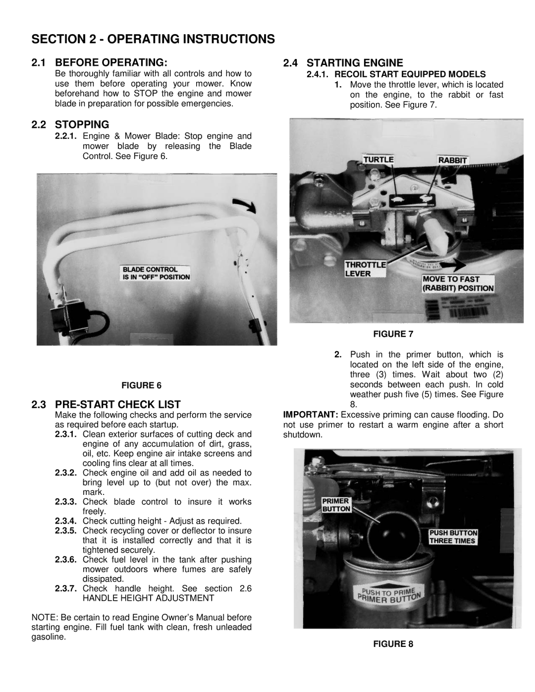 Snapper 82354, 82355 Operating Instructions, Before Operating, Starting Engine, Stopping, PRE-START Check List 