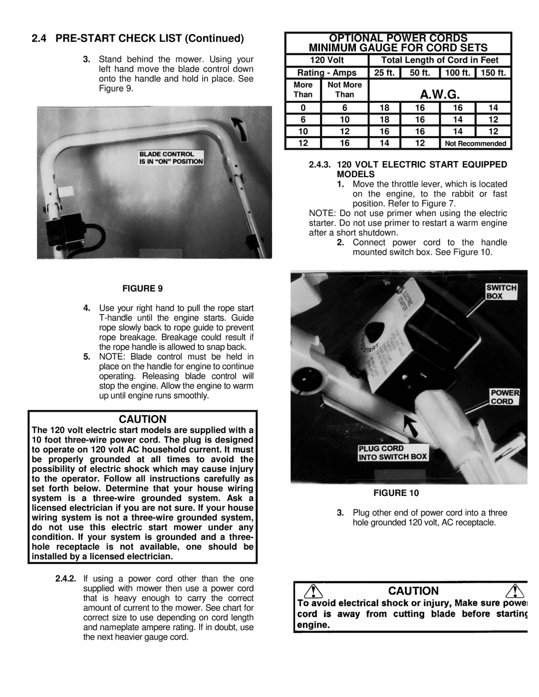 Snapper 82354, 82355 important safety instructions PRE-START Check List, Optional Power Cords Minimum Gauge for Cord Sets 