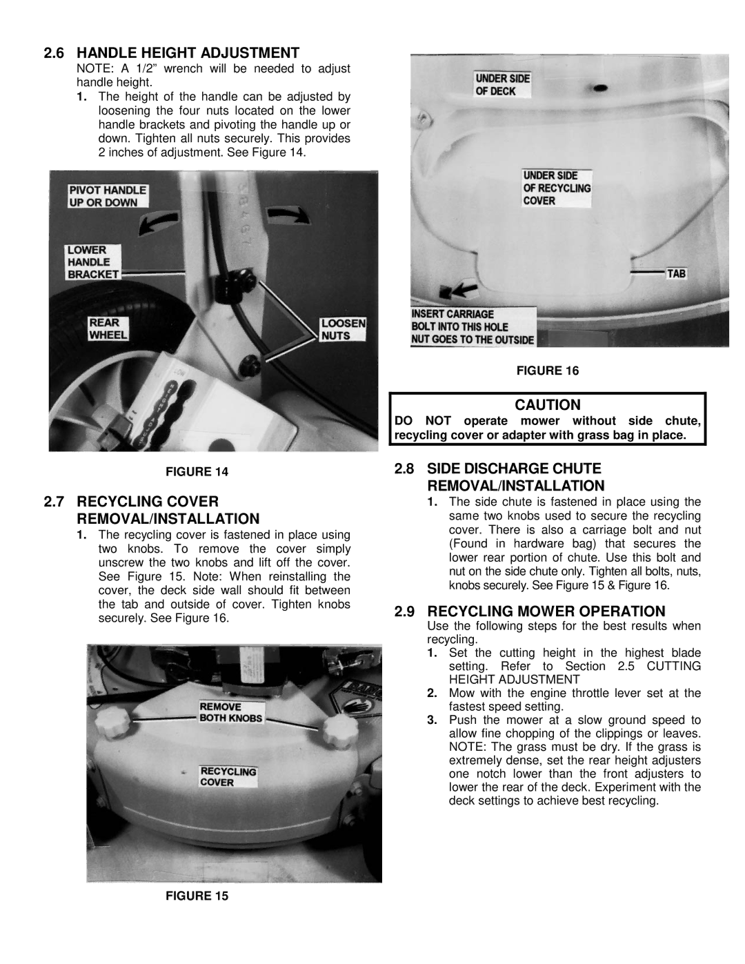 Snapper 82354, 82355 Handle Height Adjustment, Recycling Cover REMOVAL/INSTALLATION, Recycling Mower Operation 