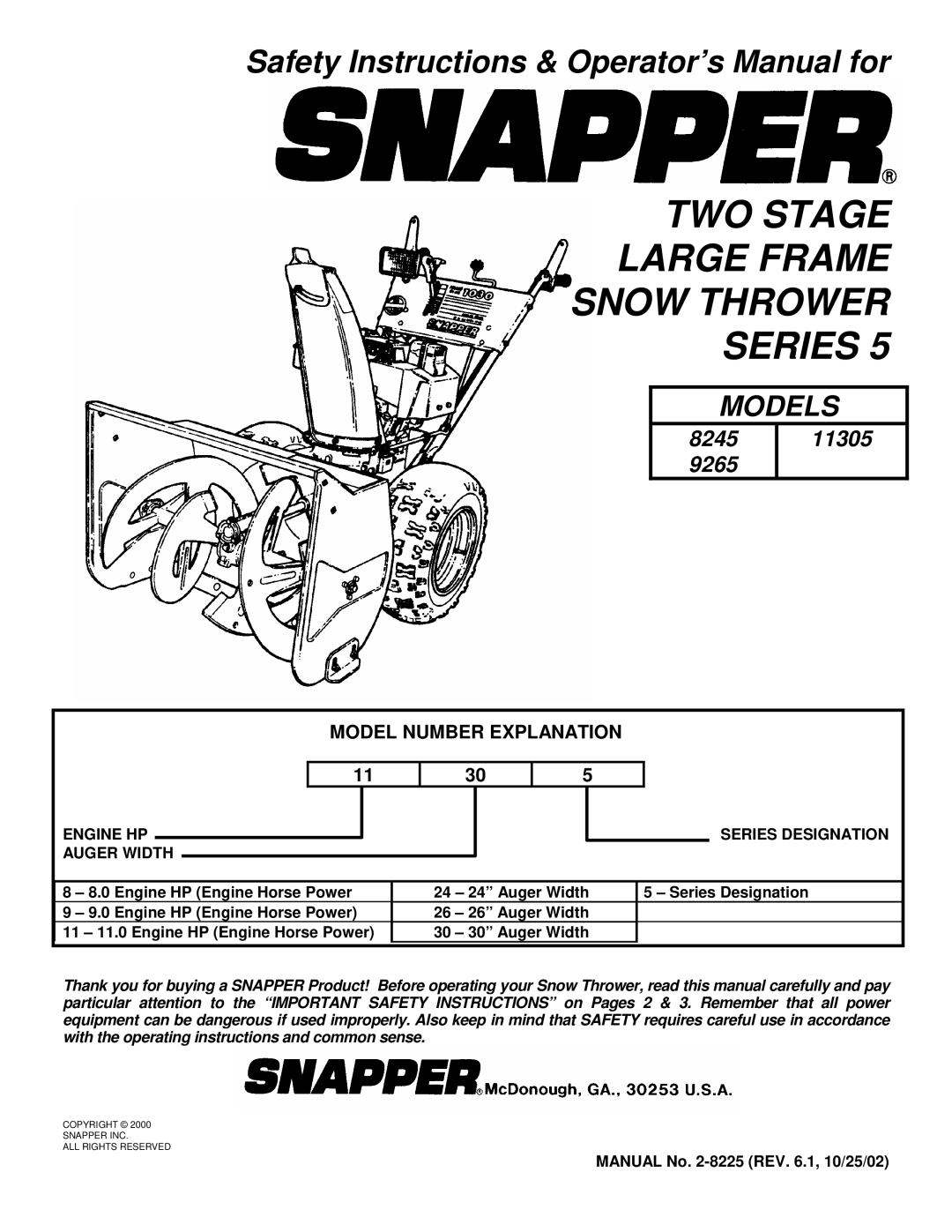 Snapper 9265, 8245, 11305 important safety instructions Model Number Explanation, Engine HP Series Designation Auger Width 