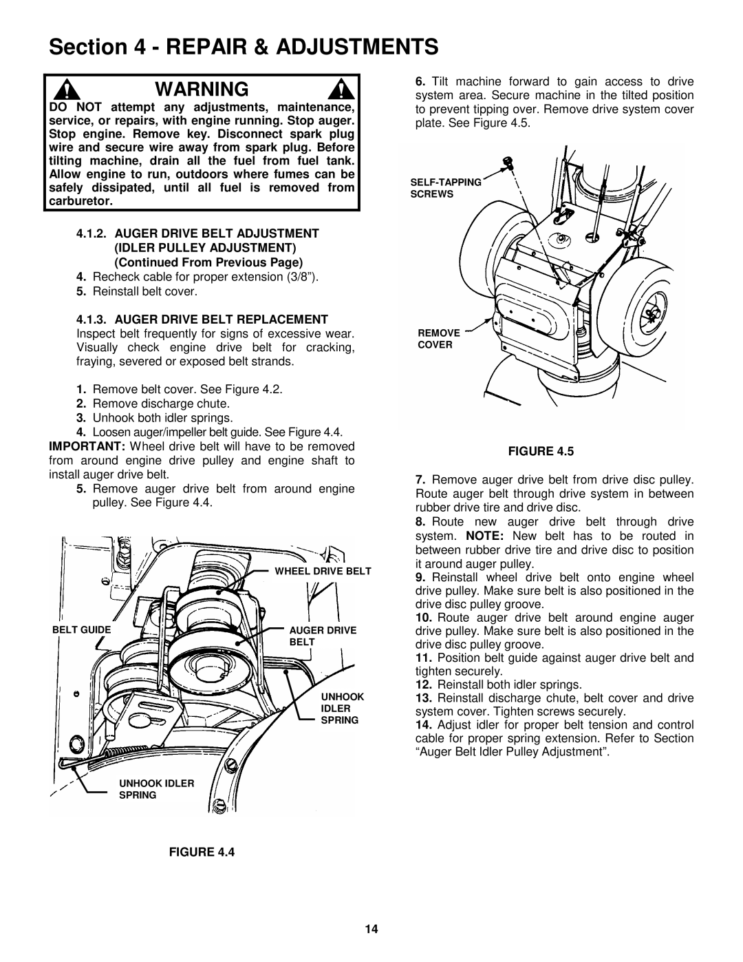 Snapper 11305, 8245, 9265 important safety instructions Recheck cable for proper extension 3/8 Reinstall belt cover 