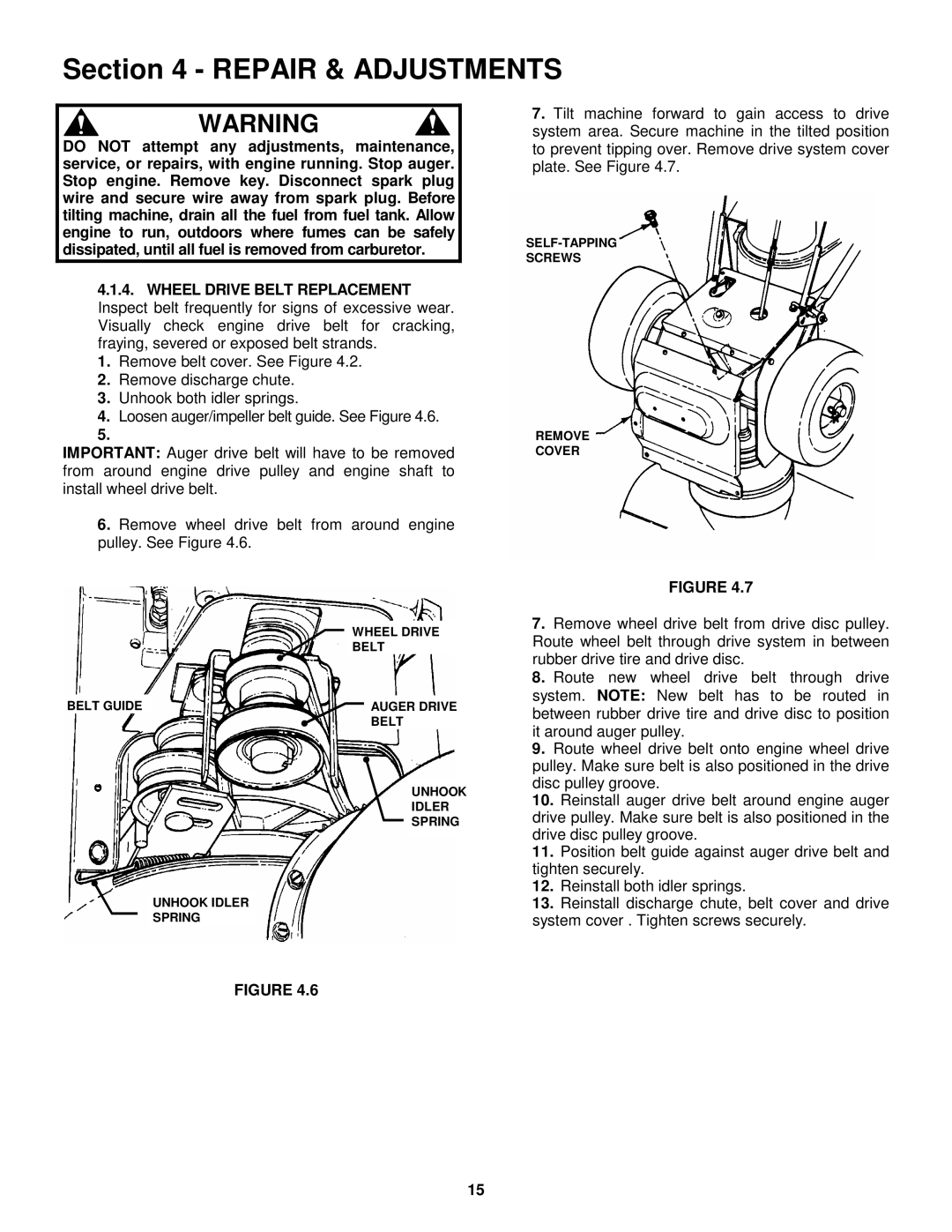 Snapper 8245, 9265, 11305 important safety instructions Repair & Adjustments 