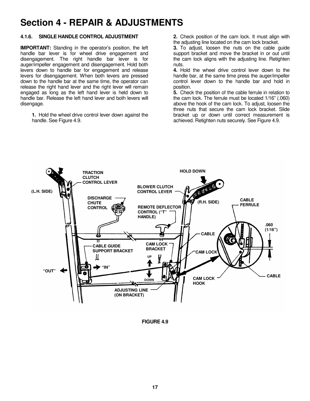 Snapper 11305, 8245, 9265 important safety instructions Single Handle Control Adjustment 