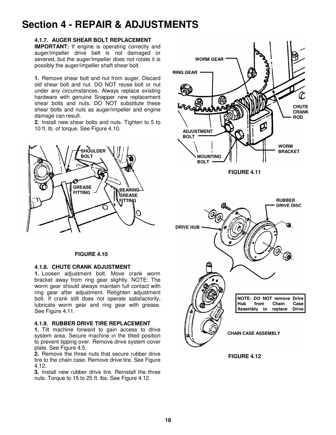 Snapper 8245, 9265, 11305 important safety instructions Chute Crank Adjustment, Rubber Drive Tire Replacement 