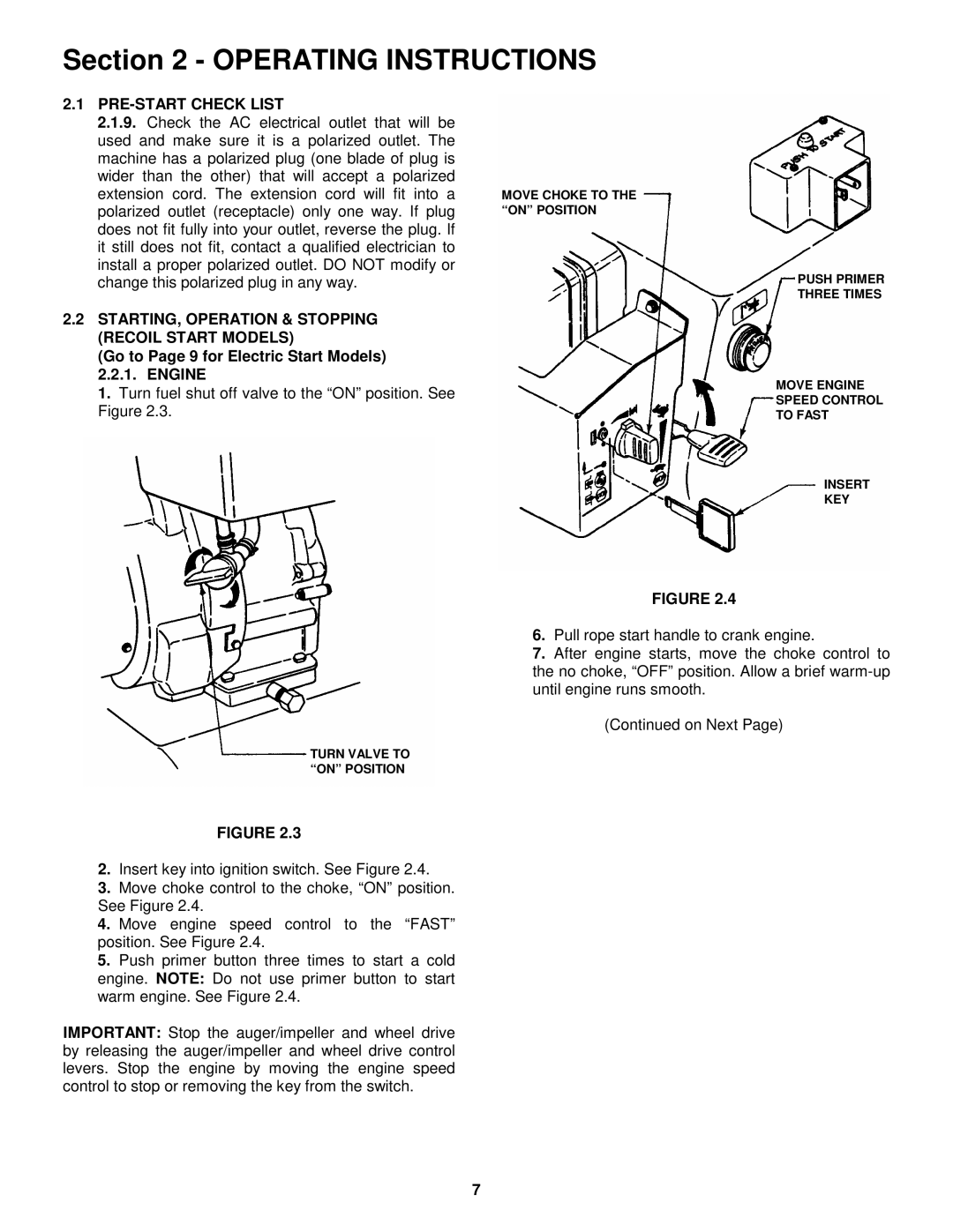 Snapper 9265, 8245, 11305 STARTING, Operation & Stopping Recoil Start Models, Go to Page 9 for Electric Start Models Engine 