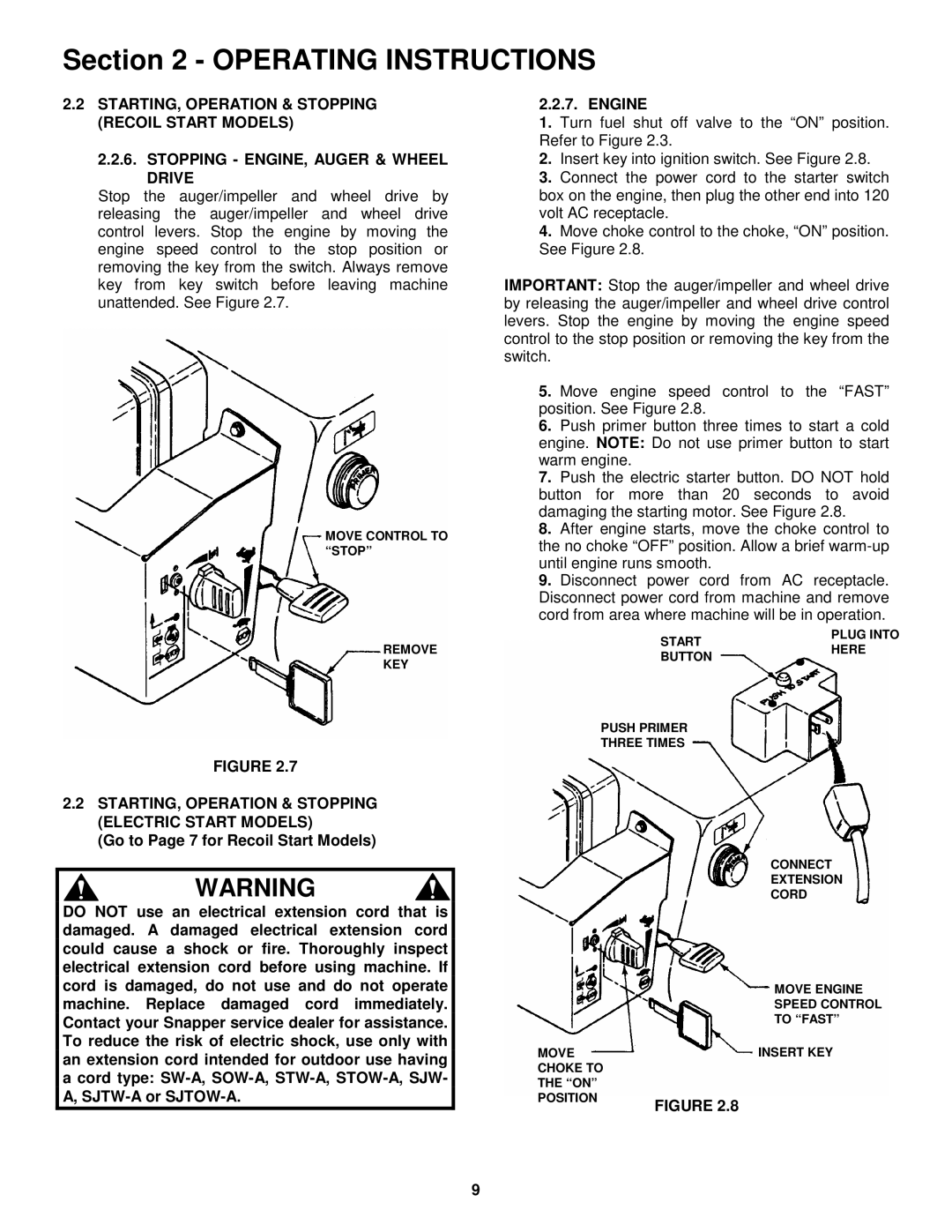 Snapper 8245, 9265, 11305 important safety instructions STARTING, Operation & Stopping Electric Start Models 