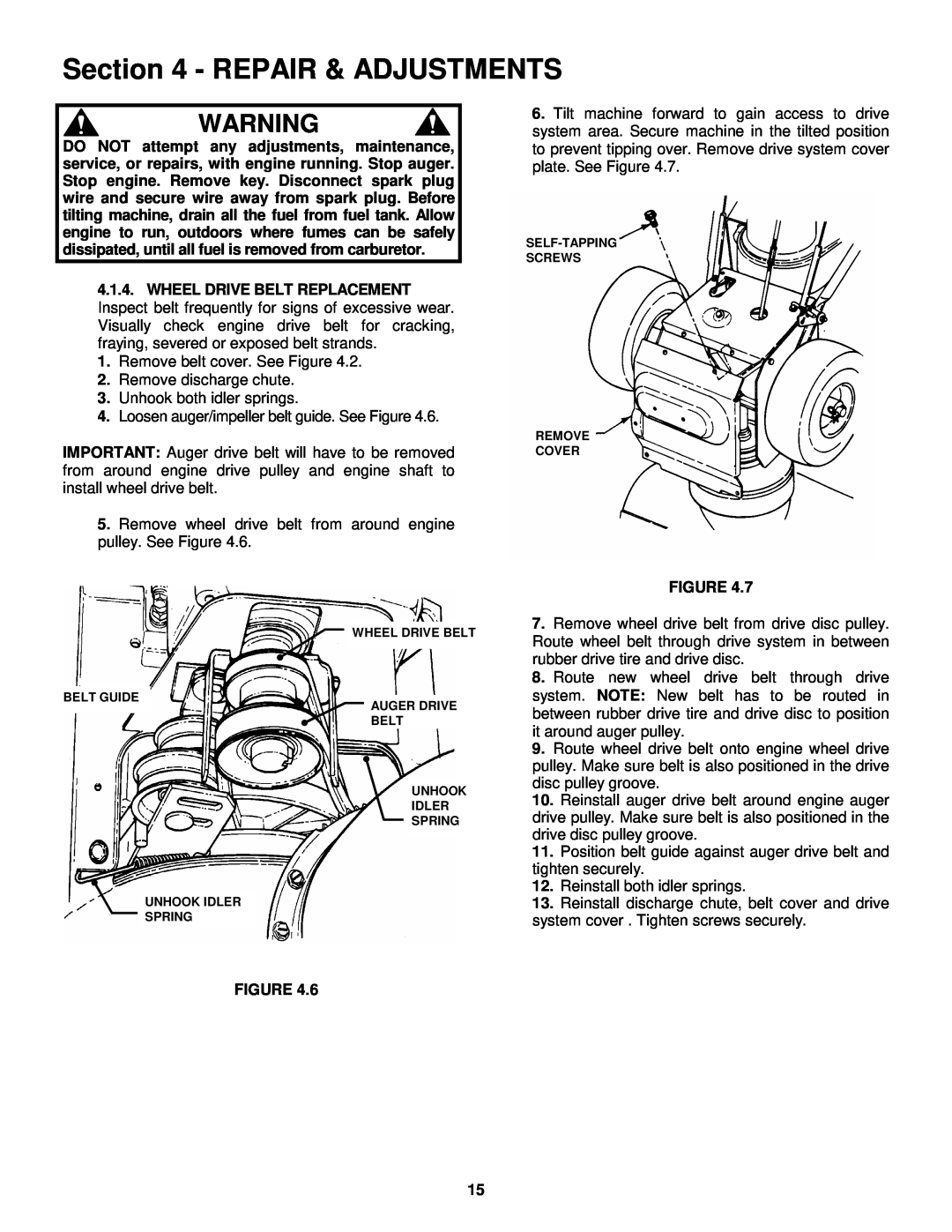 Snapper 8246, 9266E, 11306, 9266 important safety instructions Repair & Adjustments 