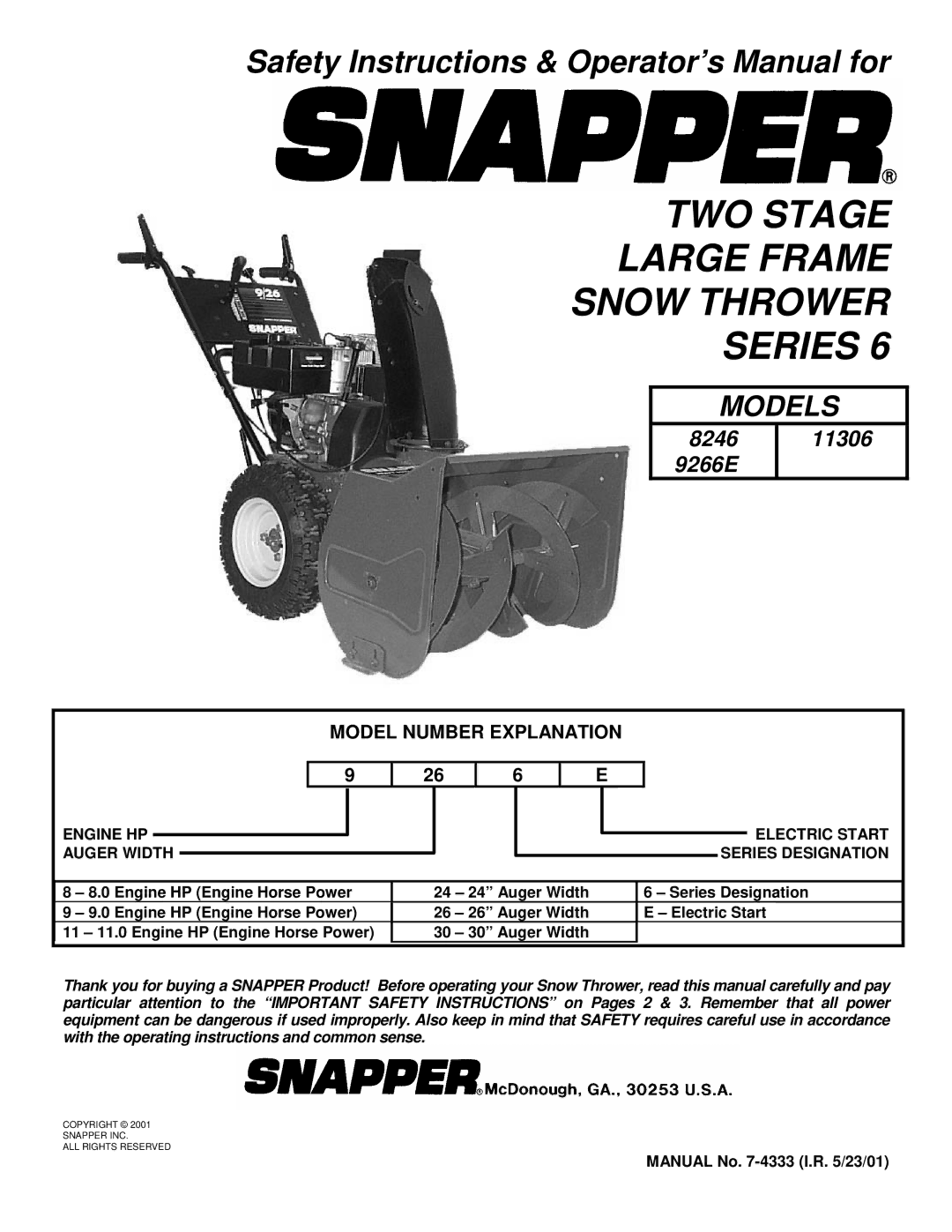 Snapper 8246, 9266E, 11306, 9266 important safety instructions Model Number Explanation, Manual No -4333 I.R /23/01 