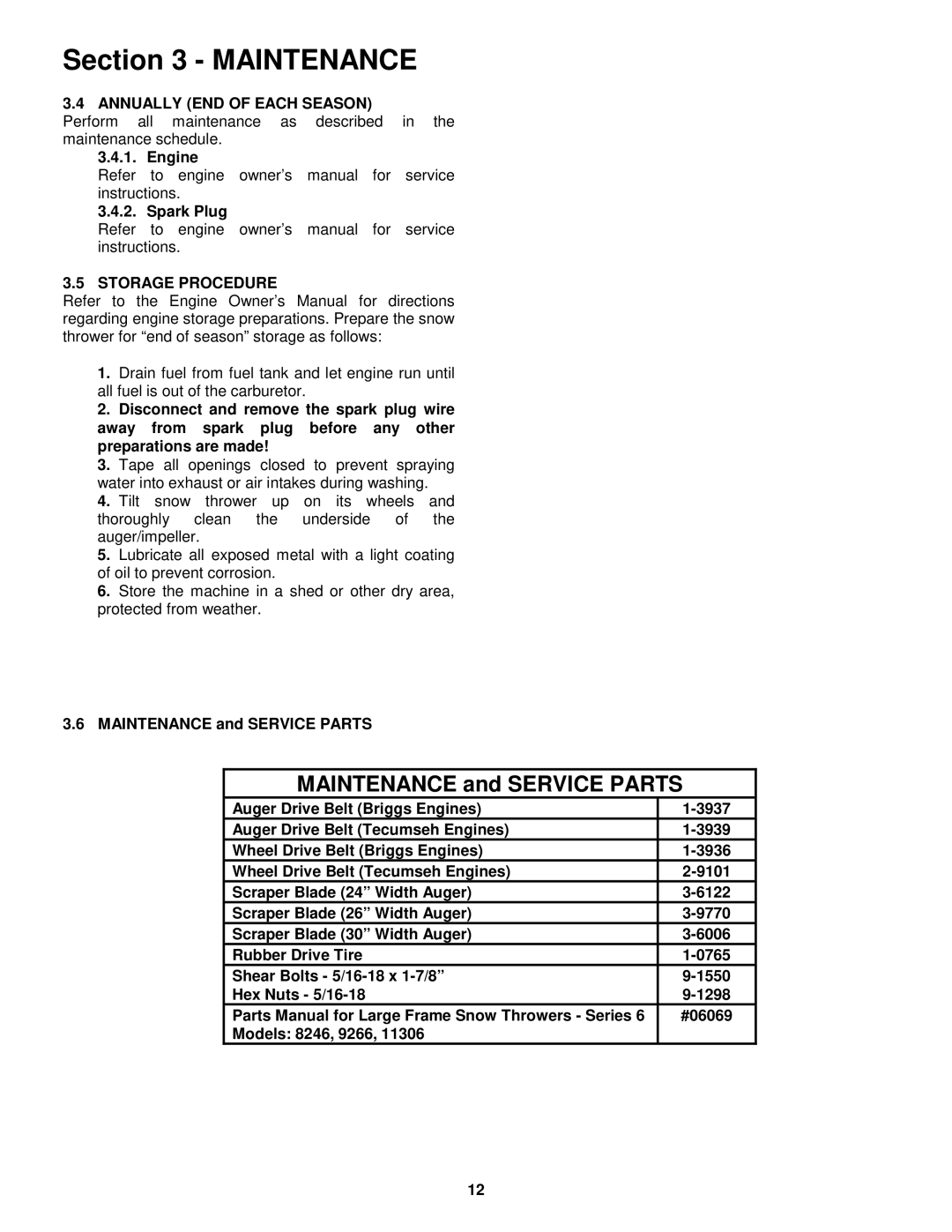 Snapper 8246, 9266E, 11306, 9266 Annually END of Each Season, Engine Spark Plug, Storage Procedure 