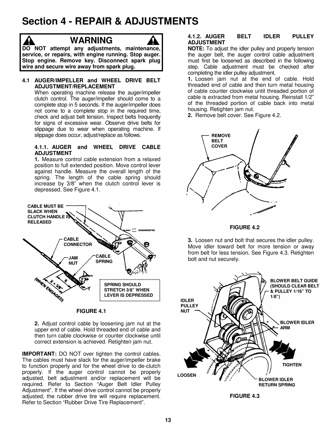 Snapper 8246, 9266E, 11306, 9266 Auger and Wheel Drive Cable Adjustment, Auger Belt Idler Pulley Adjustment 