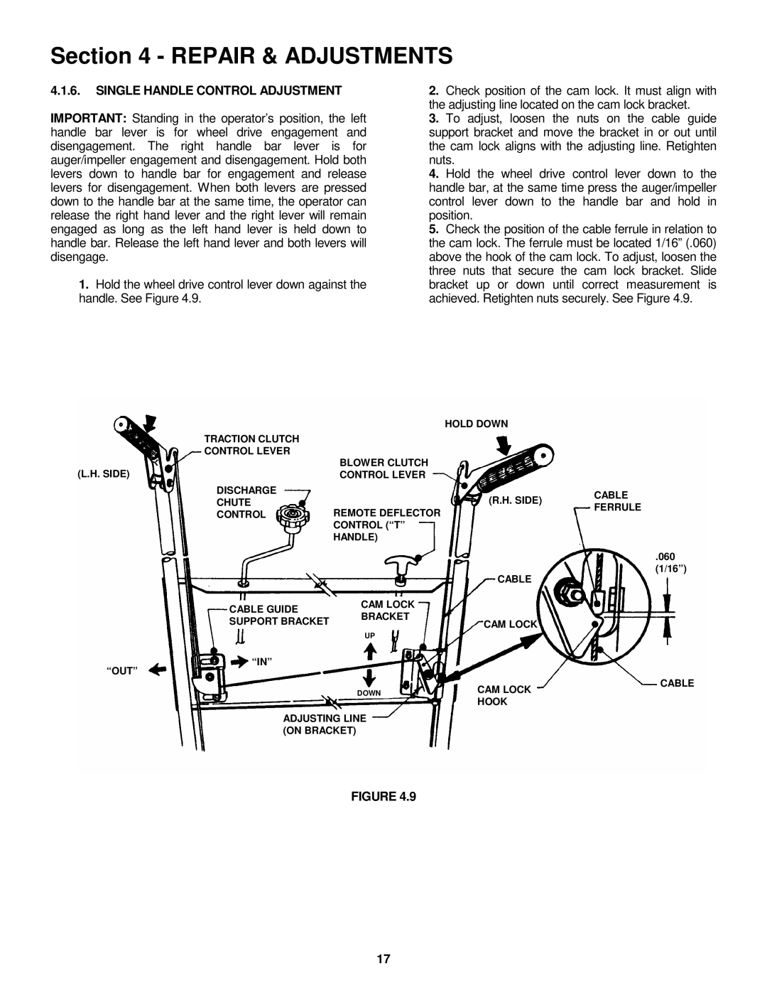 Snapper 8246, 9266E, 11306, 9266 important safety instructions Single Handle Control Adjustment 