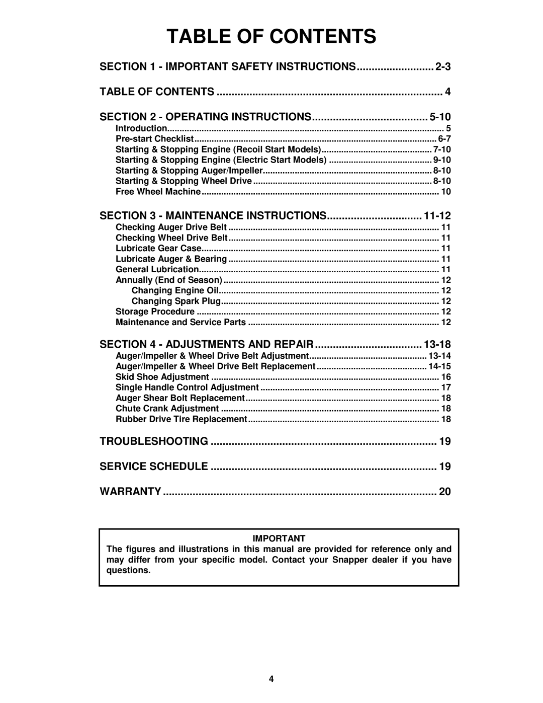 Snapper 8246, 9266E, 11306, 9266 important safety instructions Table of Contents 