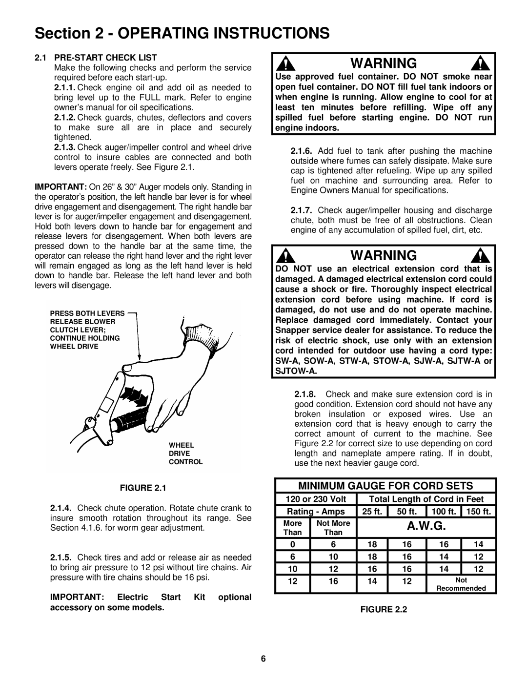 Snapper 8246, 9266E, 11306, 9266 important safety instructions Minimum Gauge for Cord Sets, PRE-START Check List 