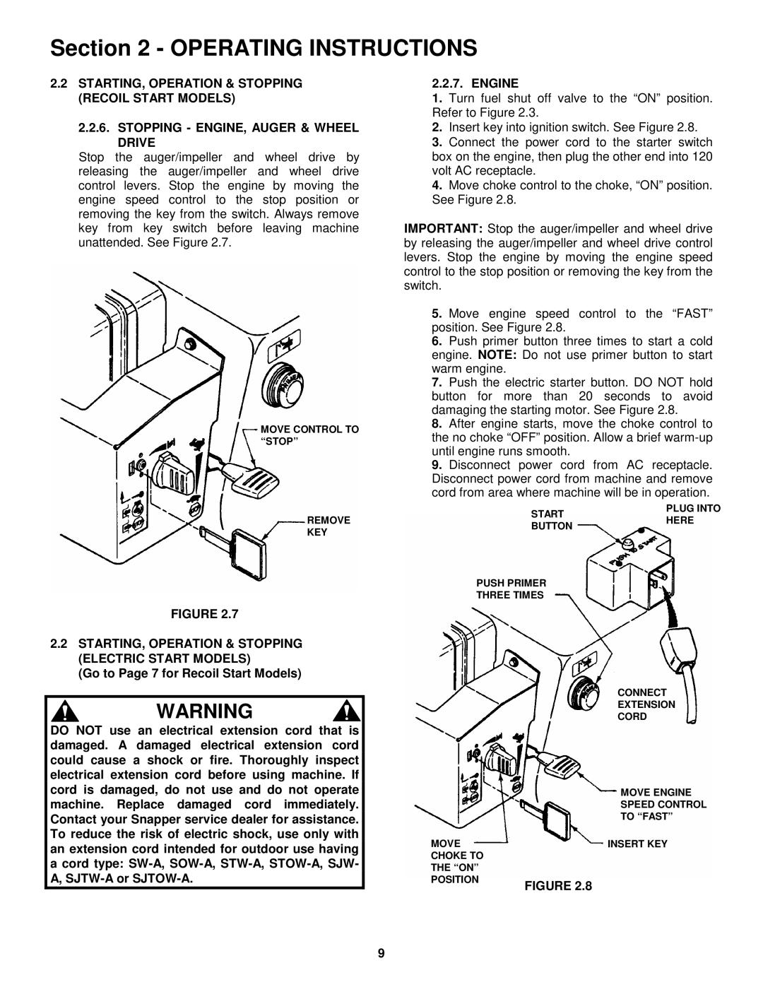 Snapper 8246, 9266E, 11306, 9266 important safety instructions STARTING, Operation & Stopping Electric Start Models 