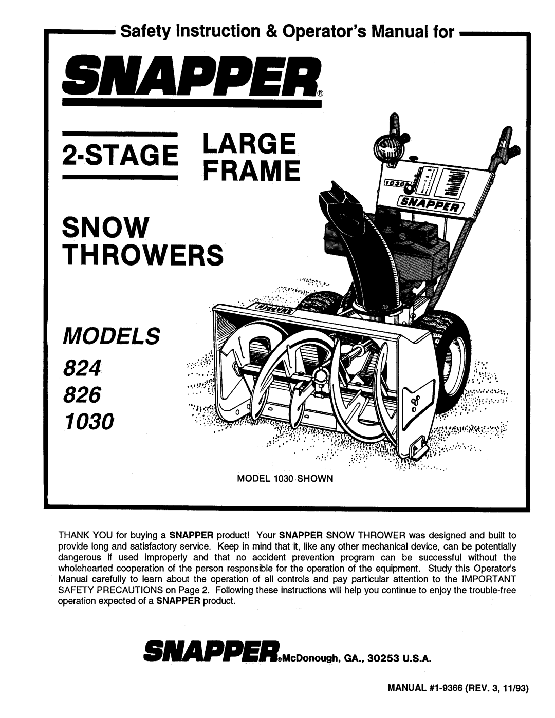 Snapper 824, 826, 1030 manual 