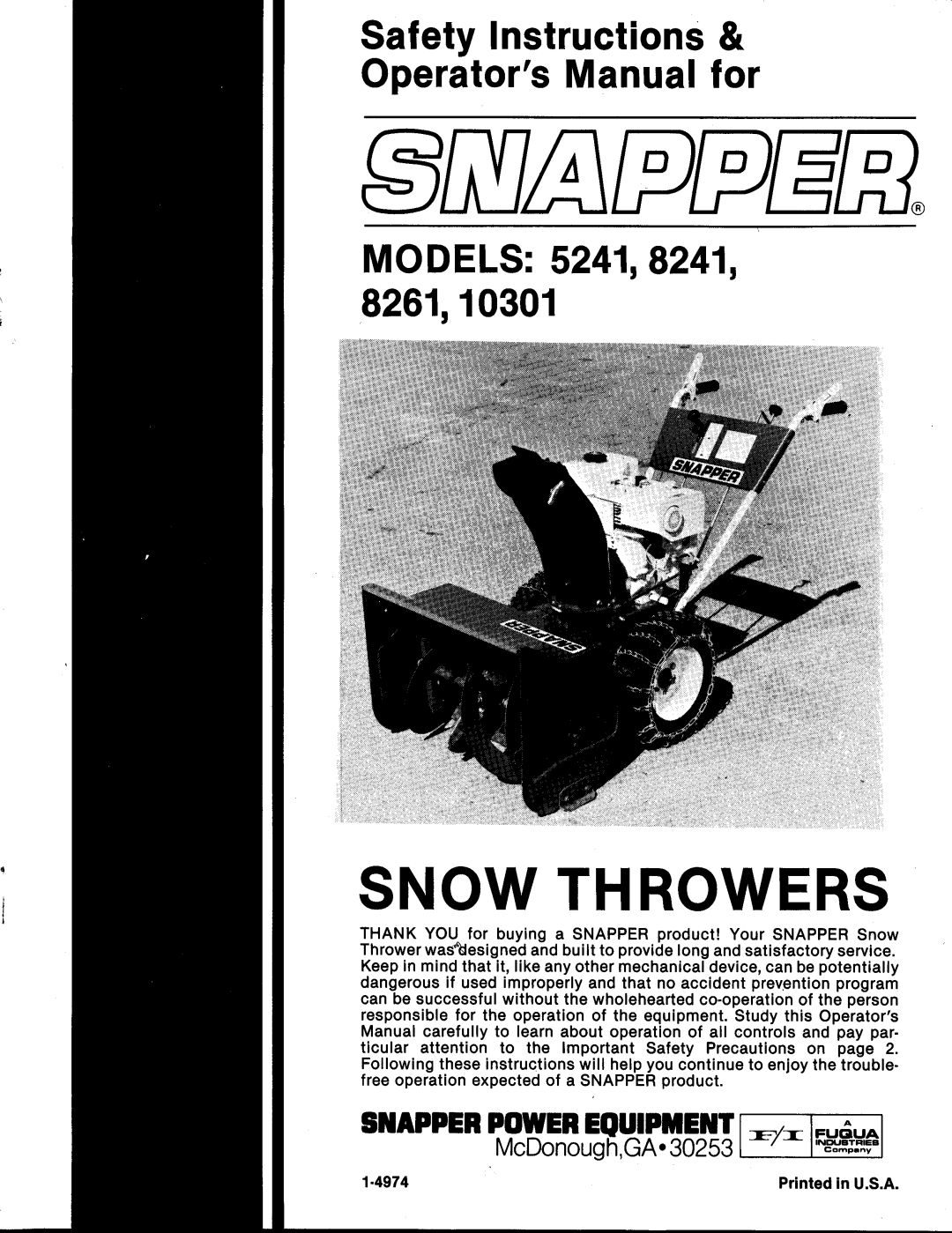 Snapper 5241, 8261, 8241, 10301 manual 