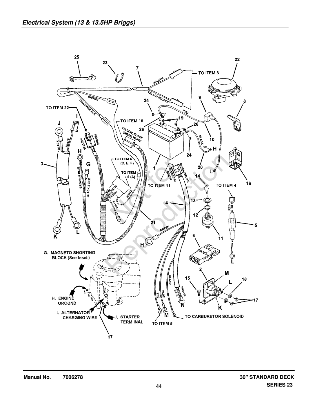 Snapper 7800103, 84941, 84875, 84882, 85625, 84877, 7800650, 84873, 7800697, 7085623 manual Electrical System 13 & 13.5HP Briggs 