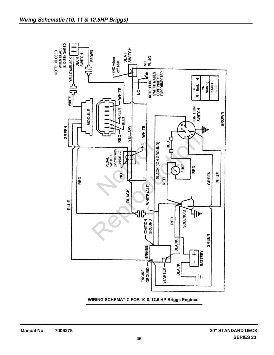 Snapper 84941, 84875, 84882, 84877, 7800650, 84873, 7800697, 7085623, 7085625 manual Wiring Schematic 10, 11 & 12.5HP Briggs 