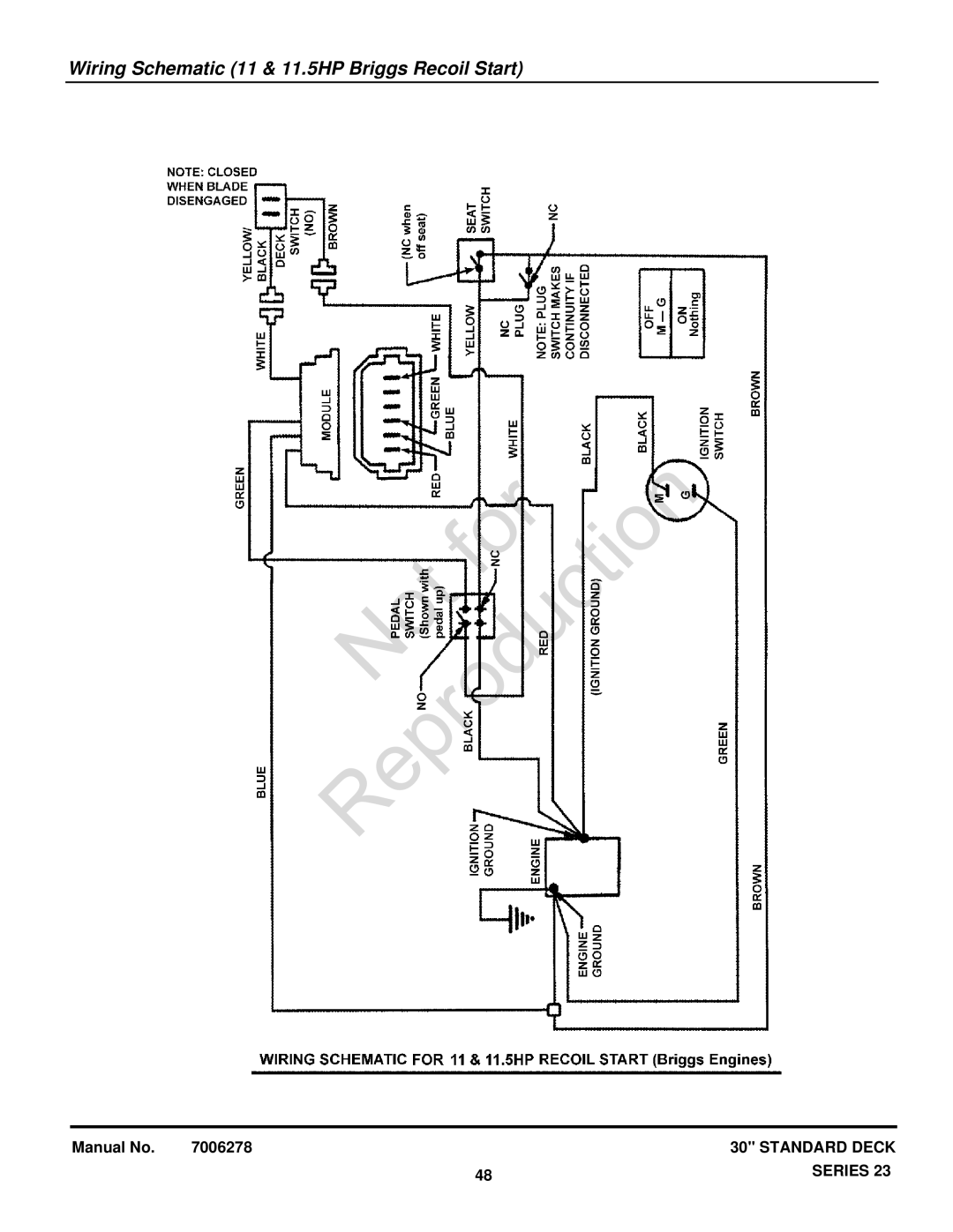 Snapper 84882, 84941, 85623, 84875, 85625, 84877, 7800650, 84873, 7800697 manual Wiring Schematic 11 & 11.5HP Briggs Recoil Start 