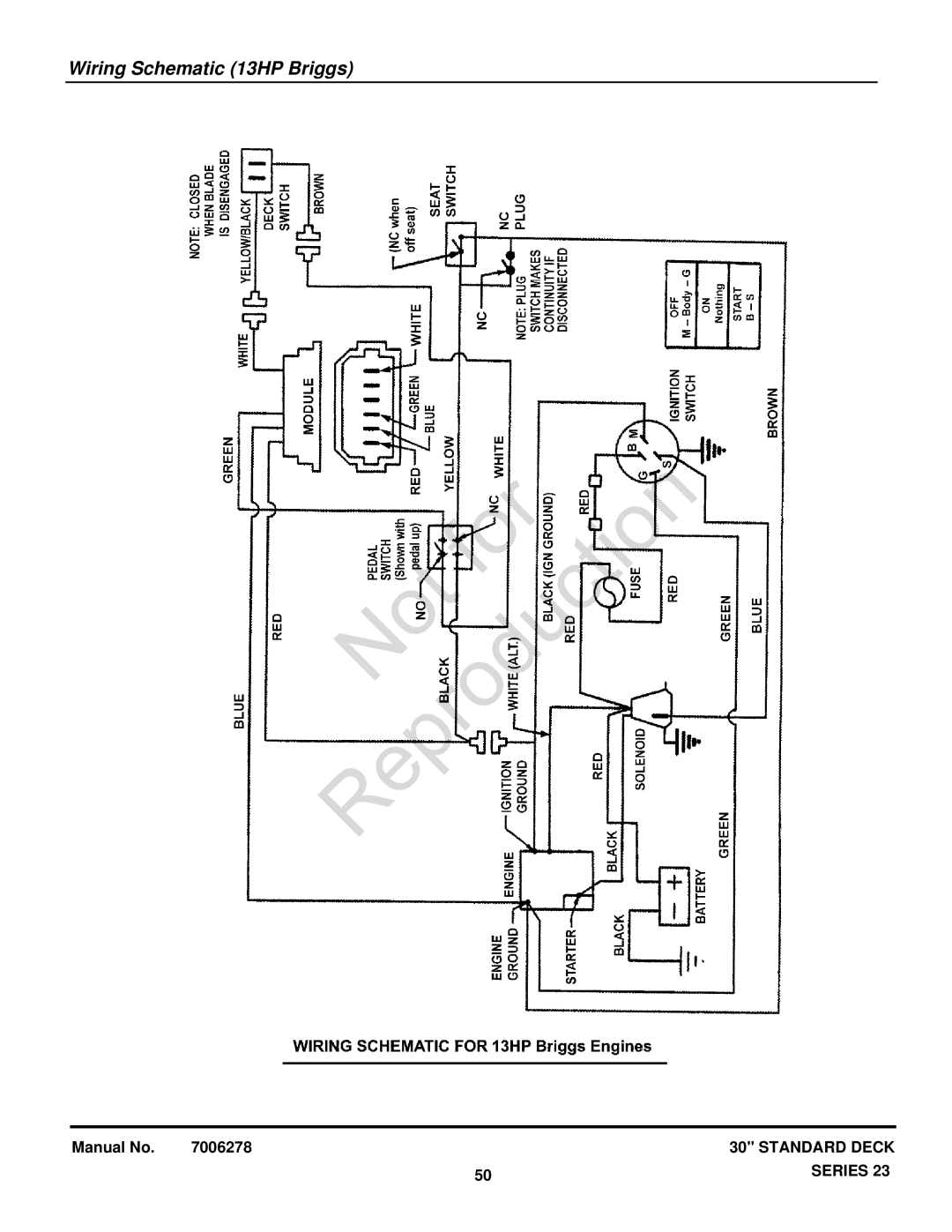 Snapper 84877, 84875, 84882, 7800650, 84873, 7800697, 7085623, 7085625, 7084941, 7800648 Wiring Schematic 13HP Briggs 