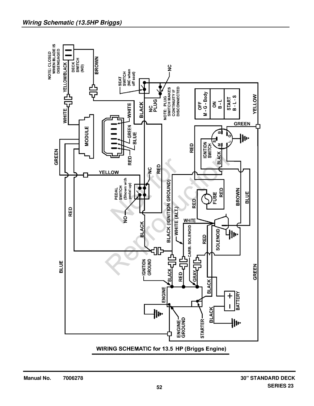 Snapper 84873, 84875, 84882, 84877, 7800650, 7800697, 7085623, 7085625, 7084941, 7800648 Wiring Schematic 13.5HP Briggs 