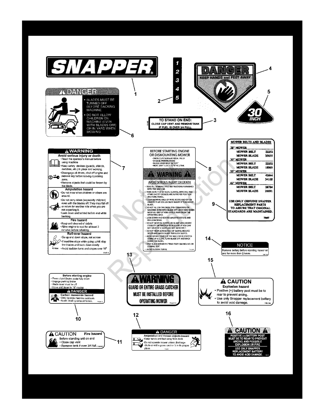 Snapper 7800650, 84941, 85623, 84875, 84882, 85625, 84877, 84873 Decals, Reproduction, Manual No, 7006278, Standard Deck, Series 